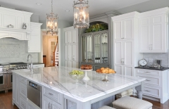 Provincial kitchen cabinet with mullion glass door and light grey painted island-Allandcabinet