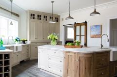 Transitional framed flush inset door kitchen with biege painted and rustic wood tone cabinets-Allandcabinet