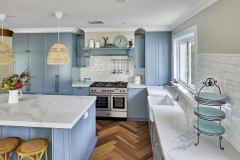 Light blue shaker kitchen with gold handles and pulls-Allandcabinet