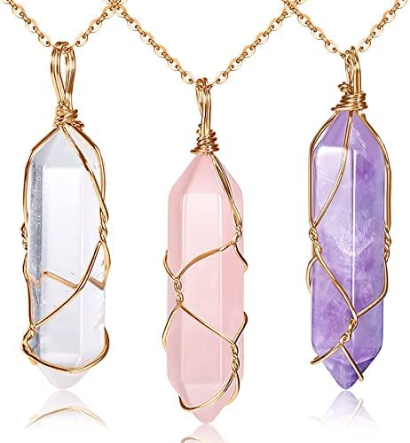 3 Pieces Crystal Necklaces, Quartz Pendant Energy Healing Crystal Necklace Natural Hexagonal Gemstone Pendant for Women Girls