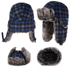 Russian Winter bomber hat Fur Trapper plaid Hat