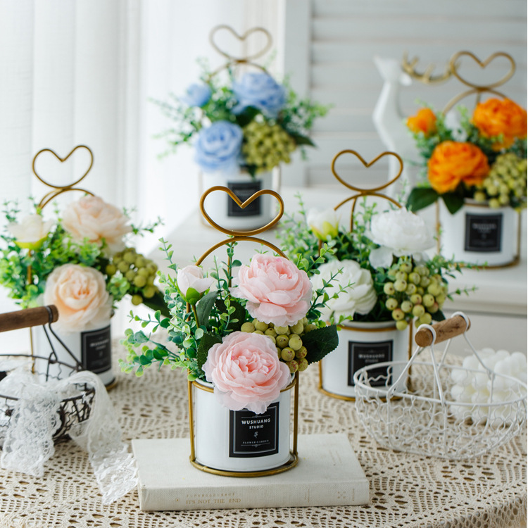 Artificial flower silk flower ornaments with Metal Loop Handle pots dining table and tea table decoration