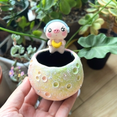 Real & Unique | Handcrafted and Hand Painted Black Pottery Pots | 3D Shapes | Colorful planet and piggy
