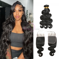 Top Quality 12A Brazilian Body Wave Hair Human Hair 3 Bundles With 4X4 Transparent Lace Closure