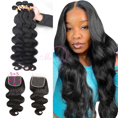 5X5 Transparent Lace Closure with Top Quality 12A Brazilian Body Wave Human Hair 3 Bundles