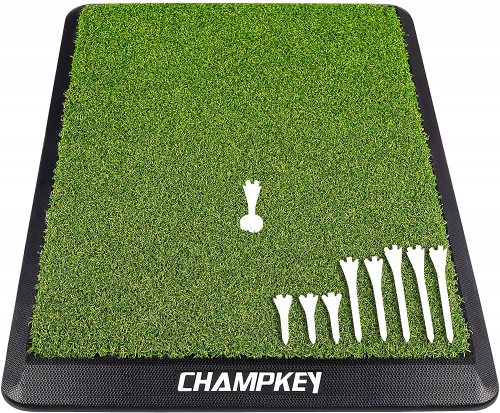 CHAMPKEY Premium Synthetic Turf Golf Hitting Mat | Heavy Duty Rubber Base Golf Practice Mat | Come with 1 Rubber Tee and 9 Plastic Tees