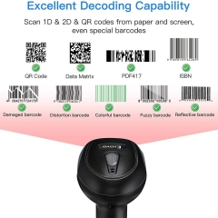 Eyoyo EY-019 2D Bluetooth Barcode Scanner, Handheld Wireless USB Wired Barcode Reader with 1D QR Screen Scanning Auto Sensing for Inventory Management Support iOS Android