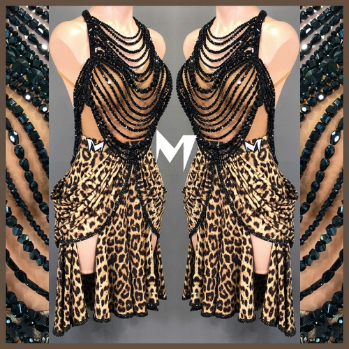[SOLD] Beaded Leopard Print Drape Dress #L005