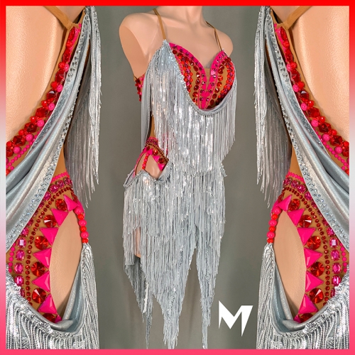 [SOLD] Red and Silver Sequins Tassels Dress #S017