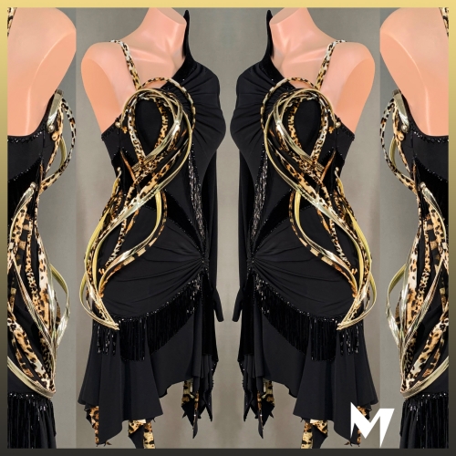 Leopard and Gold Embellished Black Dress #S031