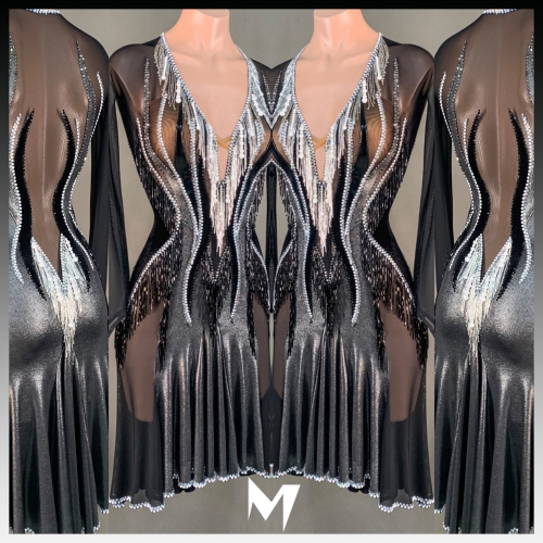 [SOLD] Black Mesh and Hematite Metallic Motif Dress #S039