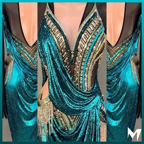 Metallic Jade and Gold Embellished Drape Dress #S040