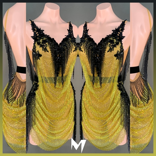 [SOLD] Black and Yellow Crystallized Net Drape Dress #L064