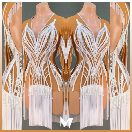 [SOLD] White and Tan Beaded Fringe Dress #S097