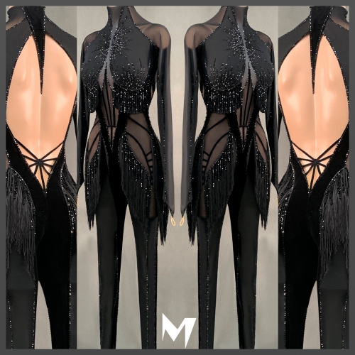 [SOLD] Black Crystallized Fringe Jumpsuit #S087