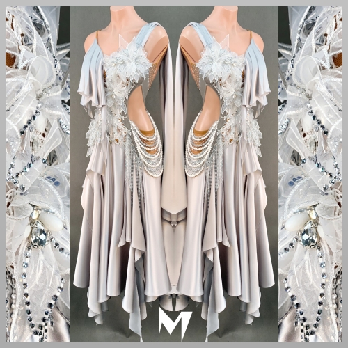 [SOLD] Matt Silver and White Floral Motifs Dress #S098