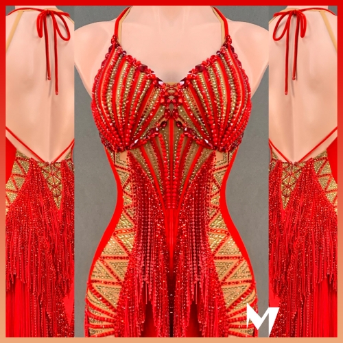 [SOLD] Red Beaded Fringe Dress #S100