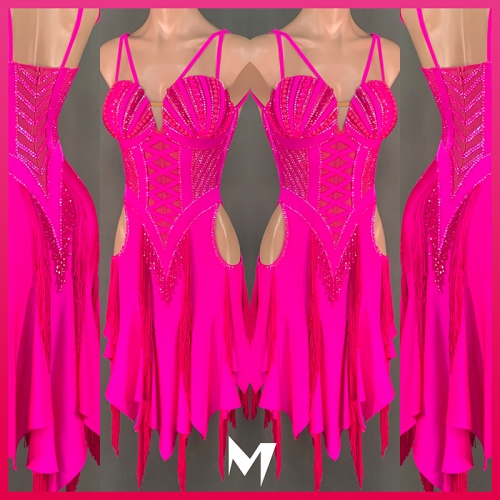 [SOLD] Fuchsia Pink Corset Fringe Panel Dress #L035