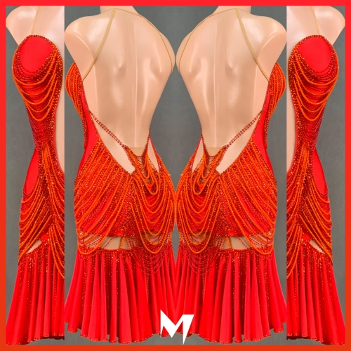 [SOLD] Red and Orange Draped Crystal Dress