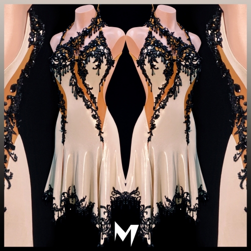 Metallic Beige and Black Lace Motif Dress #S117