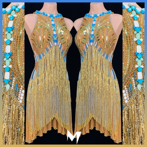 Fully Crystallized Gold and Turquoise Fringe Dress #S132