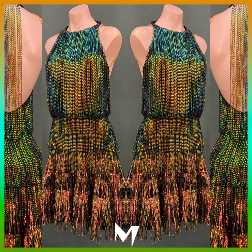 [SOLD] Rainbow Crystal Drape Dress with Color Changing Fringe Skirt #S135
