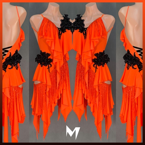 [SOLD] Orange Ruffle Dress with Black Floral Motifs #L086