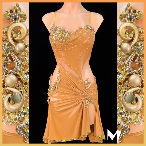 Asymmetrical Tan and Gold Leathery Lycra Dress #S141