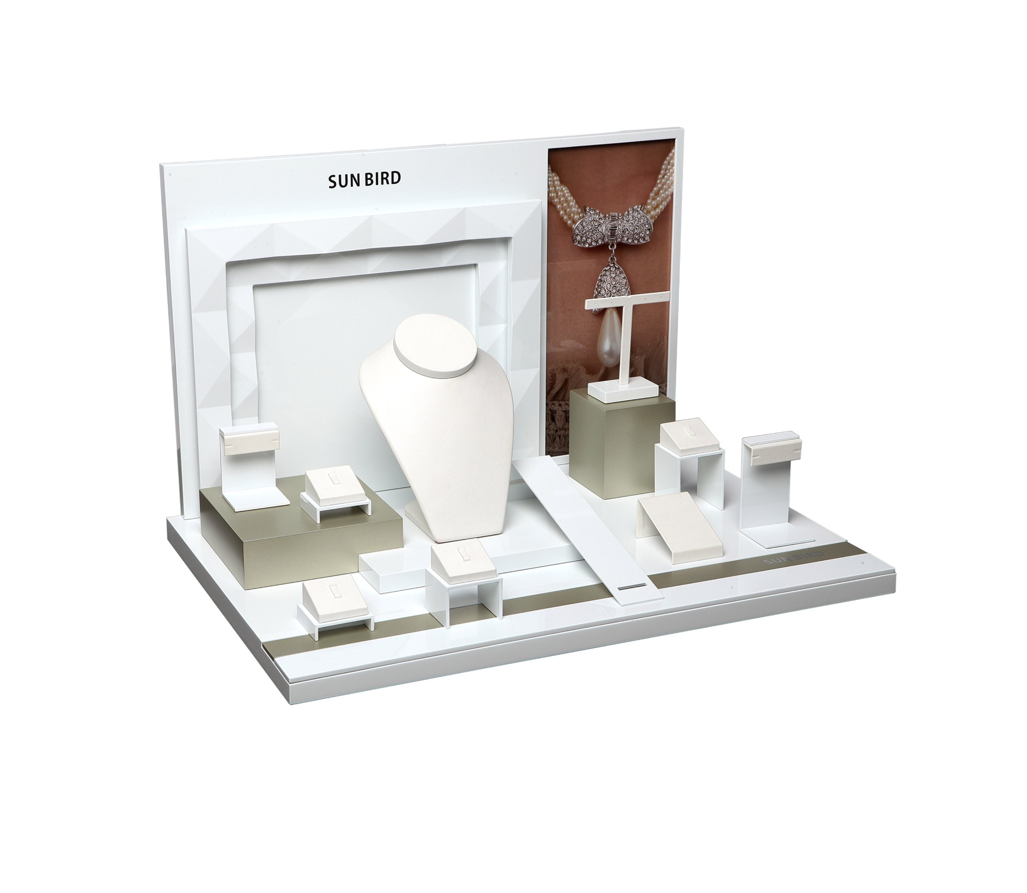 PC15005 White Acrylic Jewelry Display Stand High-end Countertop Jewelry Display With Backdrop Base