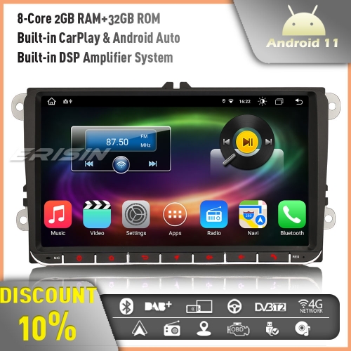 Erisin ES8691V Android 11 8-Core GPS Autoradio for VW Golf Mk5/6 Passat B6 Skoda Jetta T5 DAB+ CarPlay Andriod Auto DSP WiFi 4G Bluetooth RDS TPMS OBD