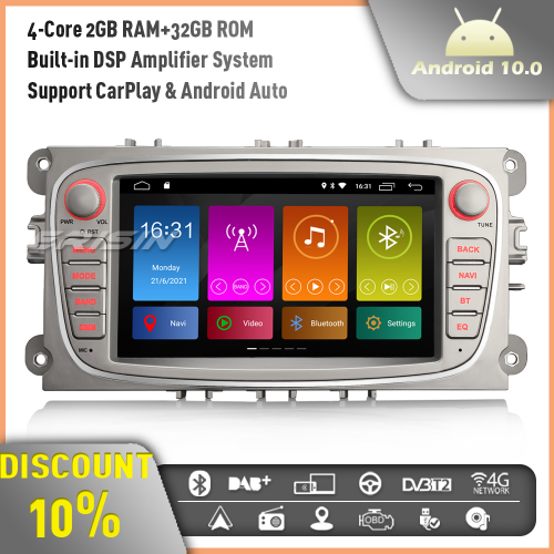 Erisin ES3109FS Android 10.0 Car Stereo GPS Sat Nav Radio for Ford Mondeo Focus S/C-Max Galaxy Support DAB+ CarPlay DSP WiFi 4G Bluetooth RDS 32GB