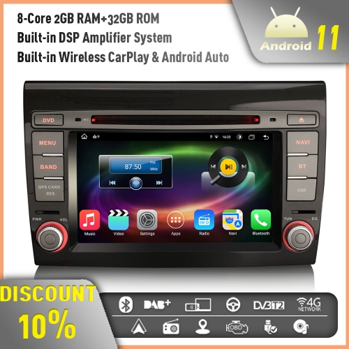 Erisin ES8671F Android 11 8-Core Autoradio GPS Radio for FIAT BRAVO DAB+ Wireless CarPlay Andriod Auto DSP WiFi 4G Bluetooth DVD USB TPMS OBD