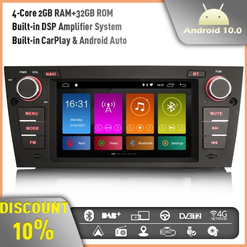 Erisin ES3167B Android 10 Car Stereo Head Unit Radio GPS Sat Nav DAB+ Radio for BMW 3 Series E90 E91 E92 E93 CarPlay DSP TPMS OBD2 RDS DVR