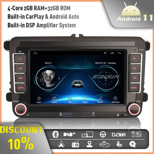 Erisin 7" Android 11 4-Core Autoradio DAB+ Radio for VW Passat Golf MK 5/6 Touran Skoda Seat Tiguan Jetta T5 Polo Built-in DSP CarPlay Android Auto BT