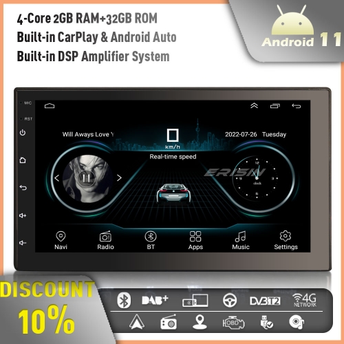 Erisin ES2241U Double Din 7 Inch Car Stereo Nissan Bluetooth Car Radio Android 10 Head Unit GPS Sat Nav CarPlay Android Auto Wifi 4G DAB + RDS