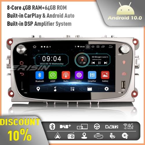 Erisin ES6909FN 7" Android 10.0 Autoradio GPS Sat Nav for Ford Mondeo Focus S/C-Max Galaxy Car DVD Player DAB+ Wireless CarPlay DSP WIFI OBD2 64GB