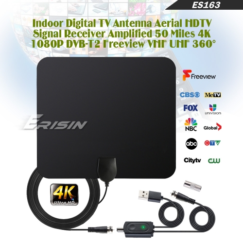 Erisin ES163 HDTV 360° Indoor Digital TV Antenna Aerial HDTV Signal Receiver Amplified 50 Miles 4K 1080i