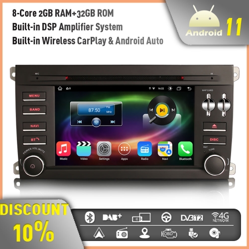 Erisin ES8614P 8-Core Android 11 Autoradio GPS Sat Nav for Porsche Cayenne DAB+ Radio WiFi CarPlay Bluetooth DSP Android Auto WiFi 4G RDS SWC 32GB