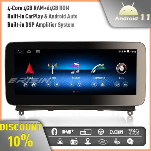 Erisin ES3640C 10.25" Android 11 Autoradio Radio for Mercedes Benz C-Class W204 NTG IPS CarPlay DAB+ 64GB IPS CarPlay Bluetooth