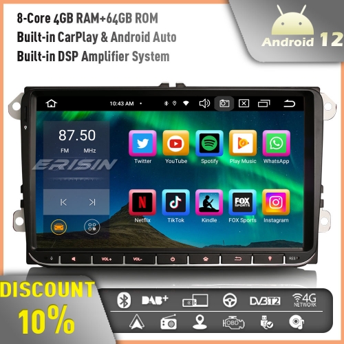 Erisin ES8528V Android 12 8-Core 64GB Autoradio GPS Sat Nav for VW Golf Mk5 Mk6 Passat B6 Skoda Touran Seat Skoda DAB+Radio BT 5.0 Wireless CarPlay