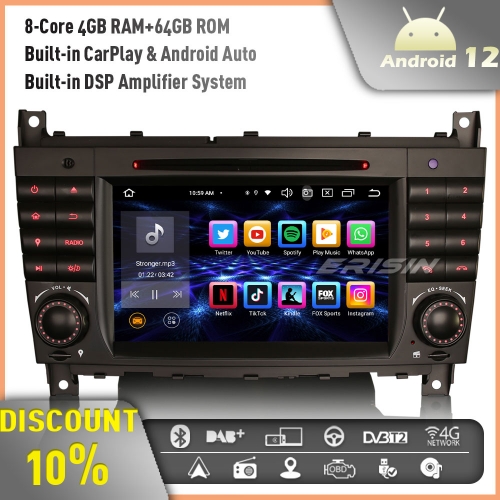 Erisin ES8569C 8-Core Android 12 Car Stereo GPS Sat Nav for Mercedes-Benz C/CLK/CLC Class W203 W209 CarPlay Bluetooth DSP Android Auto WiFi 4GB+64GB