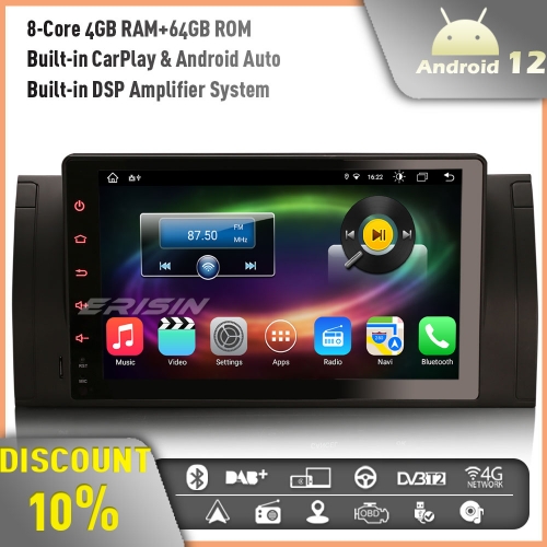 Erisin ES8893B 8-Core Android 12 DAB+ Radio Car Stereo GPS Sat Nav for BMW 5 Series E39 X5 E53 M5 9" Touch Screen CarPlay Android Auto OBD2 4GB+64GB
