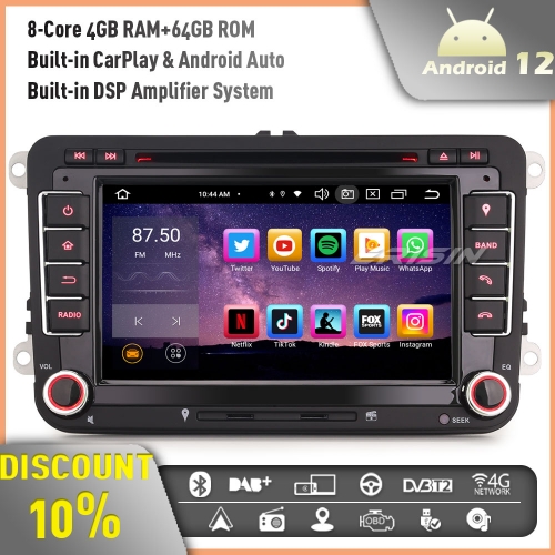 Erisin ES8548V Android 12 8-Core 64GB Car Stereo GPS Sat Nav DVD for VW Golf Mk5 Mk6 Passat B6 Skoda Touran Seat Skoda 7" DAB+ Radio BT 5.0 CarPlay