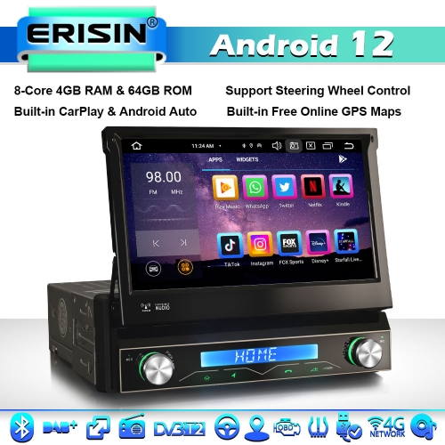 Erisin ES8568U 8-Core 4GB+64GB Android 12 Single Din Universal Detachable GPS Stereo Head Unit 7" Touch Screen CarPlay Android Auto BT 5.0 WiFi OBD2