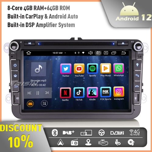 Erisin ES8515V 8" Android 12 8-Core 64GB Car Stereo GPS Sat Nav DVD Radio for VW Golf Mk5 Mk6 Passat B6 Skoda Touran Seat Skoda DAB+ BT 5.0 CarPlay