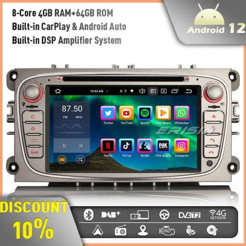 Erisin ES8509FS Android 12 8-Core Car Stereo GPS Sat Nav DVD Radio for Ford Mondeo Focus S/C-Max Galaxy DAB+ BT 5.0 CarPlay Android Auto WiFi 4GB+64GB