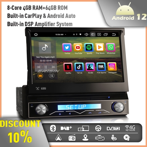 Erisin ES8588U 8-Core 4GB+64GB Android 12 Single Din Universal Detachable GPS Stereo Head Unit 7" DVD Player Touch Screen CarPlay BT 5.0 WiFi OBD2 RDS