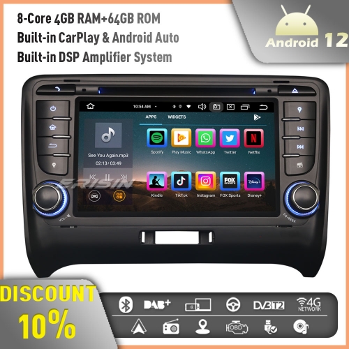 Erisin ES8579T Android 12 8-Core Car Stereo GPS Sat Nav DVD Radio for AUDI TT MK2  7" Touch Screen DAB+ BT 5.0 CarPlay Android Auto WiFi OBD2 4GB+64GB