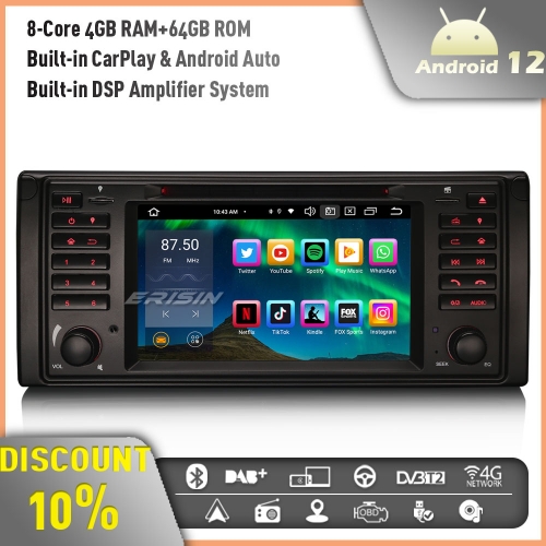 Erisin ES8539B Android 12 DAB+ DVD Car Stereo GPS Radio for BMW 5 Series E39 E53 X5 M5 Support Bluetooth 5.0 CarPlay Android Auto WiFi OBD2 4GB+64GB