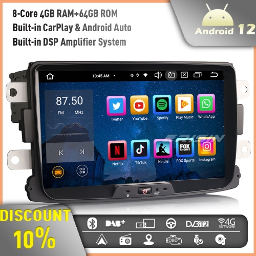 Erisin ES8529D Android 12 DAB+ Car Stereo GPS Radio for Renault Dacia Duster Sandero Dokker Support Bluetooth 5.0 CarPlay Android Auto WiFi 4GB+64GB